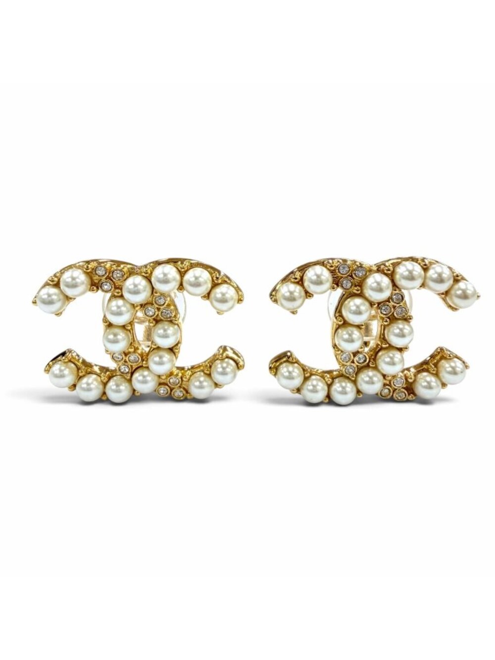 Chanel CC Logo Eco Pearl Rhinestone Earrings Gold